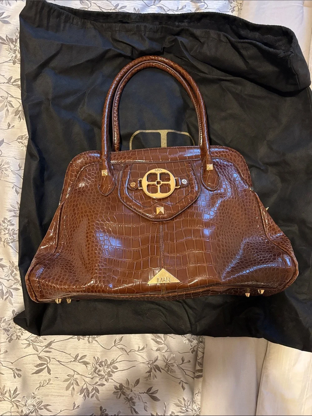 IMAN Dark Brown Croc-Embossed Tote with Gold Accents